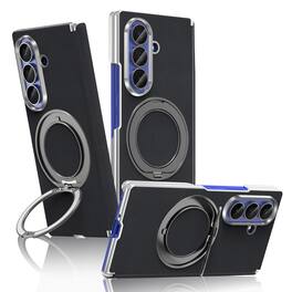 Dteck - Magnetic Shockproof Hinge Case for Samsung Galaxy Z Fold8 Ultra with Swivel Ring Stand, Faux Leather Rigid Plastic Cover - Black
