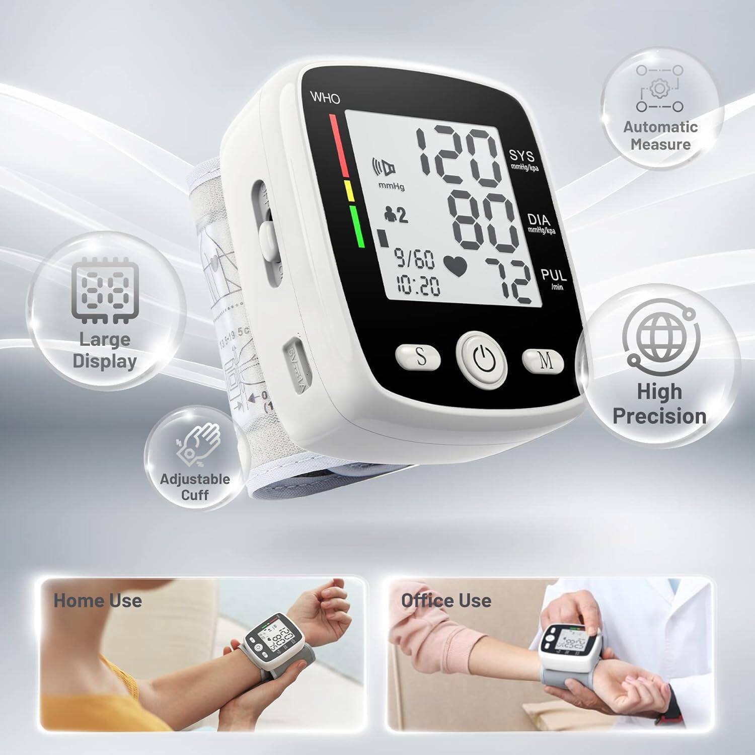 Large Display 5c 19 0 WHO mmHg 05: SYS meilg a $2 80 DIA mmity/pa 9/60 12 PUL 10:20 S M Automatic Measure High Precision Adjustable Cuff Home Use con IOo Office Use