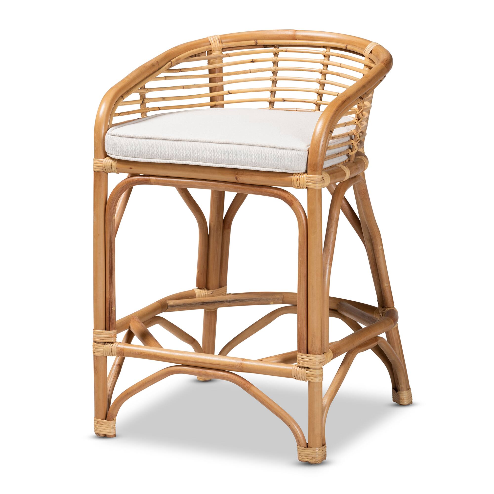 bali & pari - Maverick Modern Bohemian Fabric Upholstered and Natural Rattan Counter Stool - White/Natural Brown
