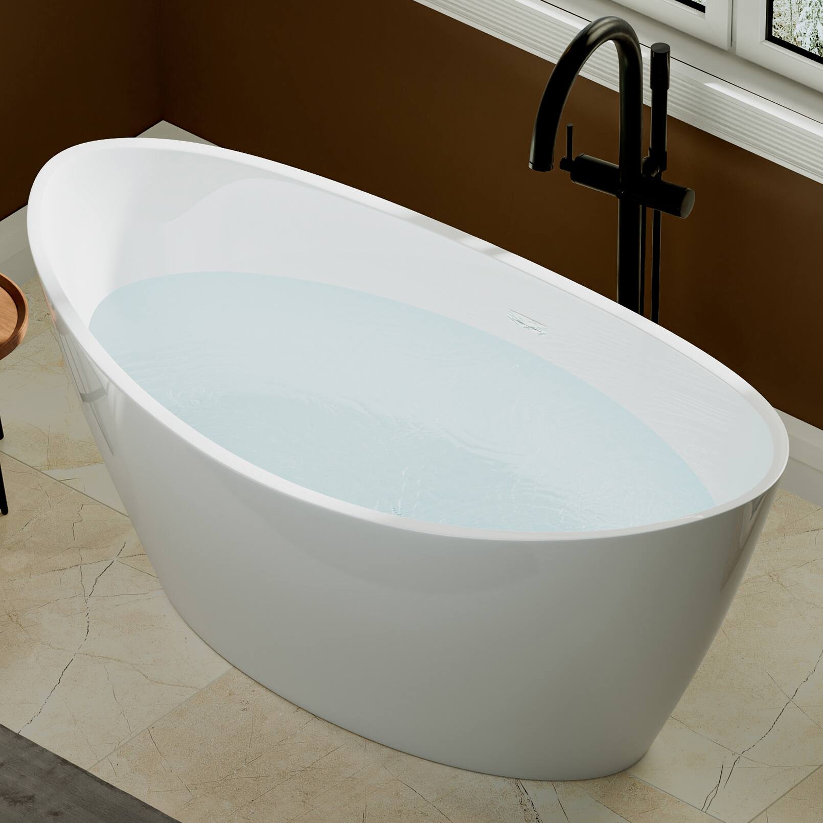 Left. Empava - 59 in. x 29.5 in. Freestanding Flat Bottom Bath Tub Oval Soaking Bathtub with Center Drain - White.
