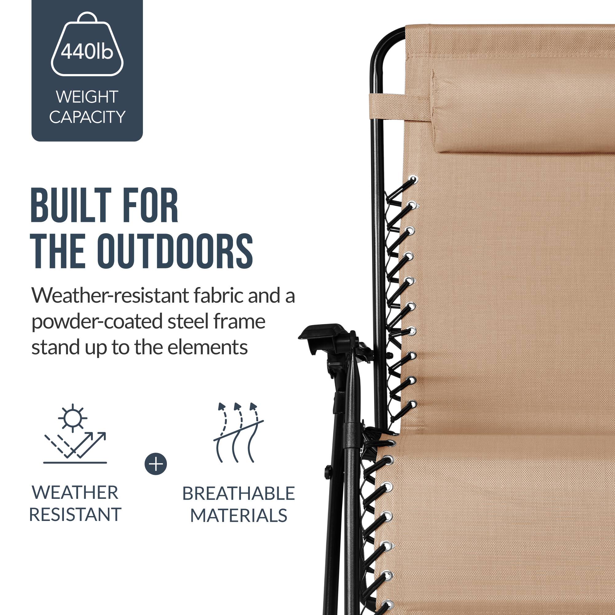 440lb WEIGHT CAPACITY  
BUILT FOR THE OUTDOORS  
Weather-resistant fabric and a powder-coated steel frame stand up to the elements  
WEATHER RESISTANT + BREATHABLE MATERIALS