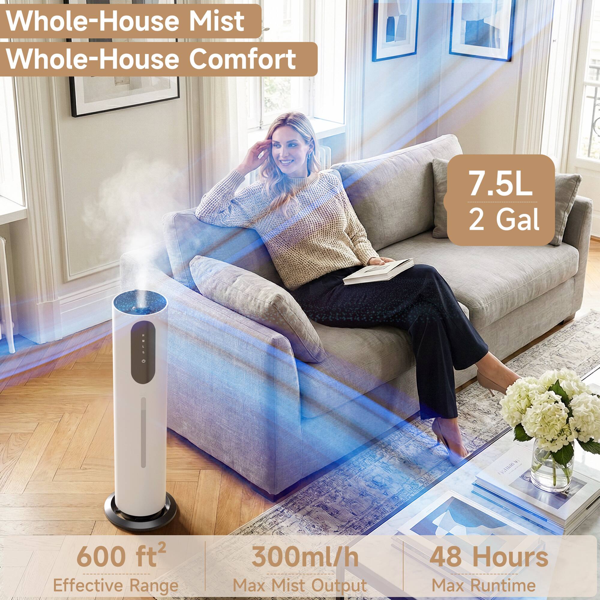 Whole-House Mist  
Whole-House Comfort  

7.5L  
2 Gal  

600 ft²  
Effective Range  

300ml/h  
Max Mist Output  

48 Hours  
Max Runtime