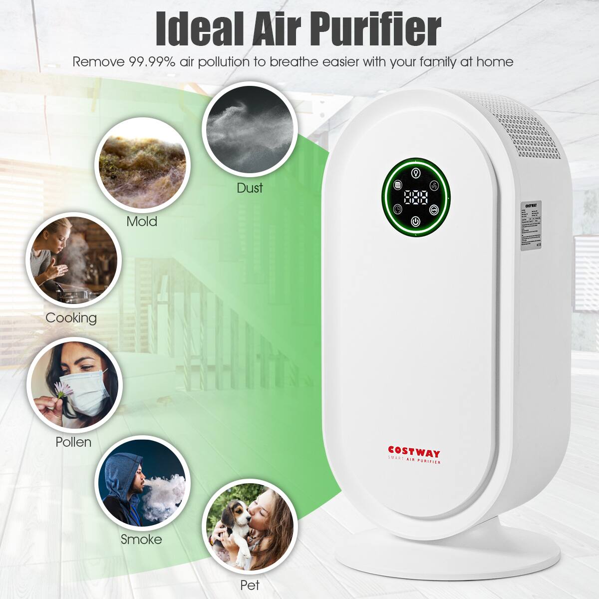 Ideal Air Purifier  
Remove 99.99% air pollution to breathe easier with your family at home  

- Dust  
- Mold  
- Cooking  
- Pollen  
- Smoke  
- Pet  

COSTWAY  
SMART AIR PURIFIER