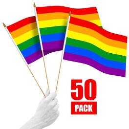 G128 - 50 Pack Handheld Rainbow Pride Stick Flags 12x18 in 150D Polyester Wooden Stick Gold Spear Tip - Assorted Colors