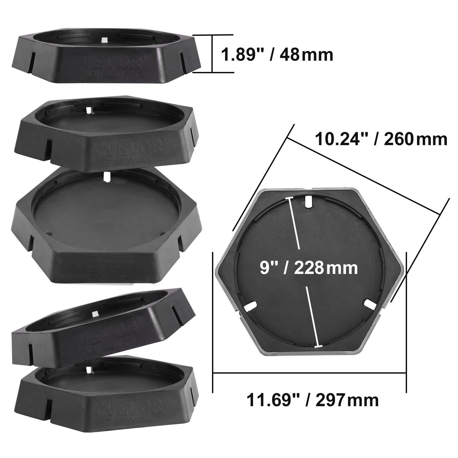 VEVOR T020 1.89" / 48mm  
VEVOR TOUGH T02 10.24" / 260mm  
VEVOR TO0 9" / 228mm  
VEVOR TO2 11.69" / 297mm