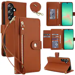 Dteck - Zipper Wallet Case for Samsung Galaxy A16 5G,Detachable Crossbody Flip Faux Leather Card Slots Kickstand Cover+Lanyard - Brown