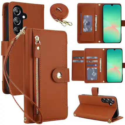 Front. Dteck - Zipper Wallet Case for Samsung Galaxy A16 5G,Detachable Crossbody Flip Faux Leather Card Slots Kickstand Cover+Lanyard - Brown.
