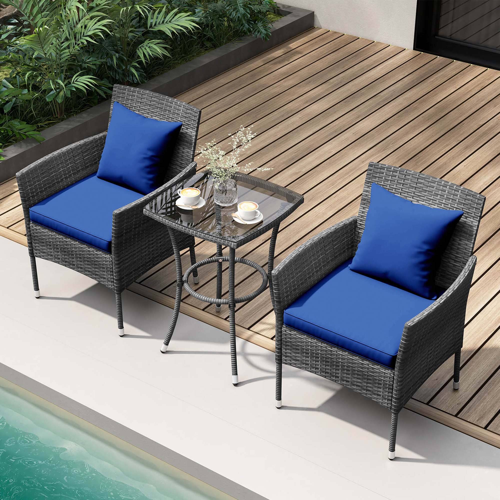 Alt View 6. Costway - 3 PCS Patio Furniture Set witn Cushioned Patio Chairs & Tempered Glass Coffee Table - Navy + Mix Grey.