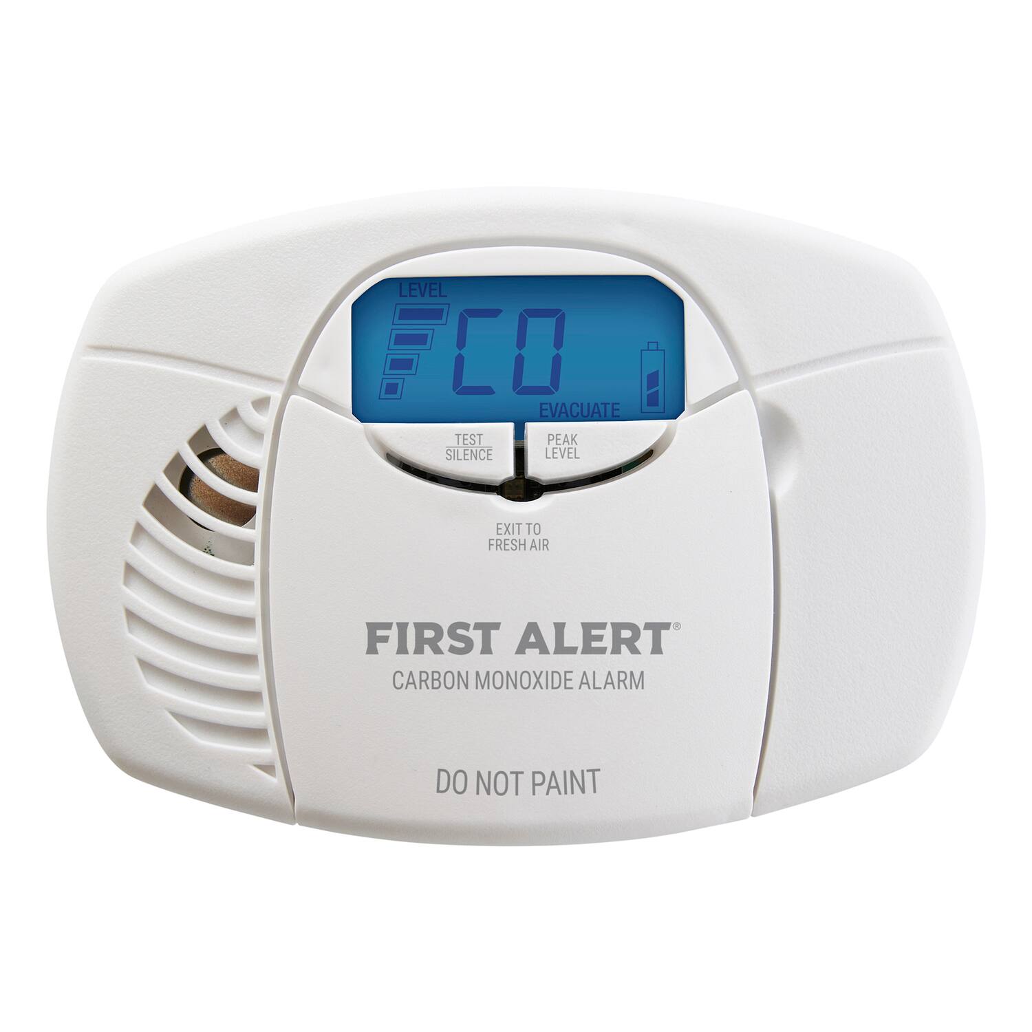 LEVEL CO EVACUATE TEST PEAK SILENCE LEVEL EXIT TO FRESH AIR FIRST ALERT CARBON MONOXIDE ALARM DO NOT PAINT