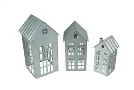 Zeckos - Set of 3 Country Farmhouse Galvanized Metal House Shaped Candle Holders - Silver