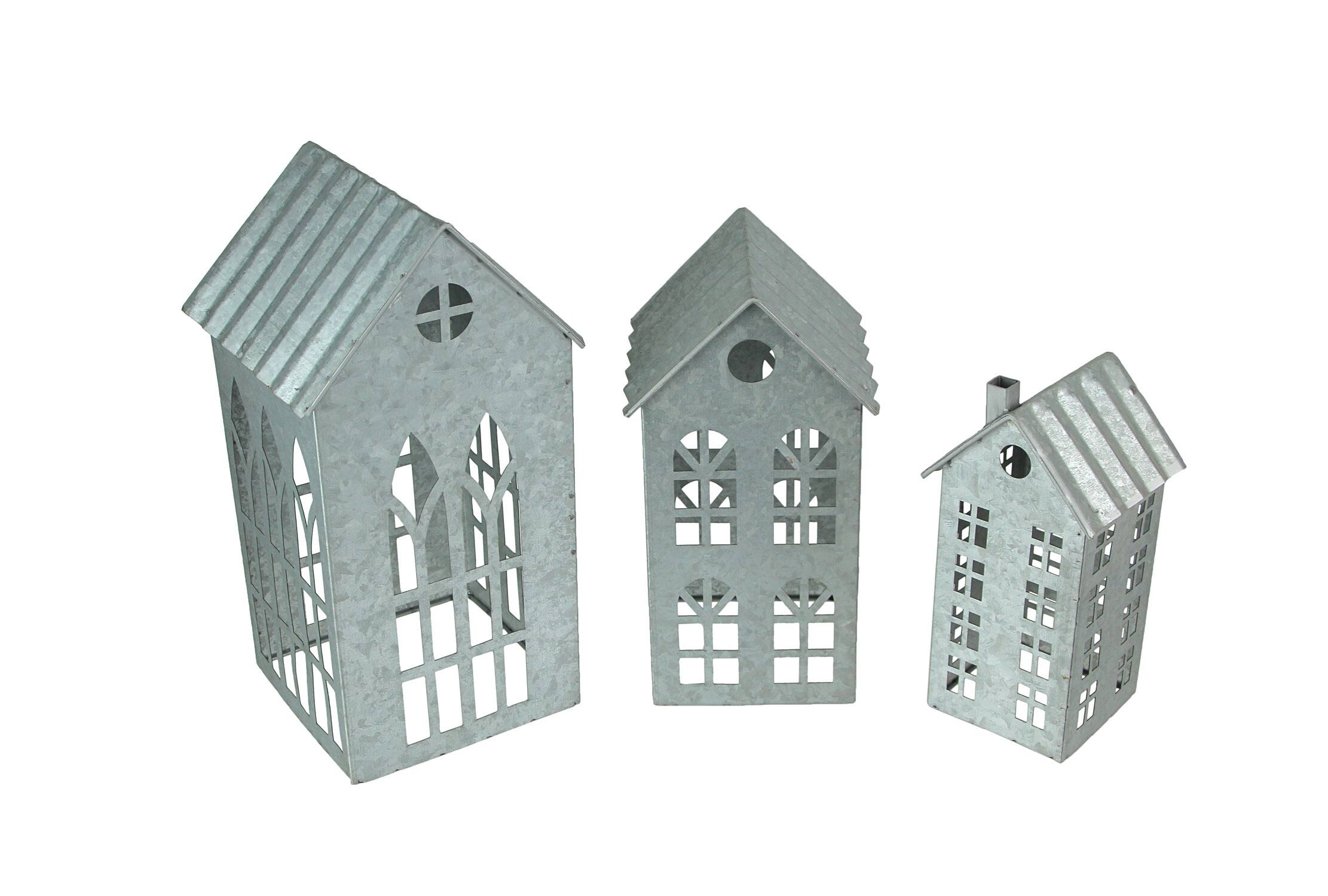 Front. Zeckos - Set of 3 Country Farmhouse Galvanized Metal House Shaped Candle Holders - Silver.