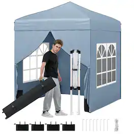 Costway - 6.5 x 6.5 FT Pop up Canopy Tent with 4 Sidewalls, Wheeled Bag, 4 Sandbags, 8 Stakes - Gray