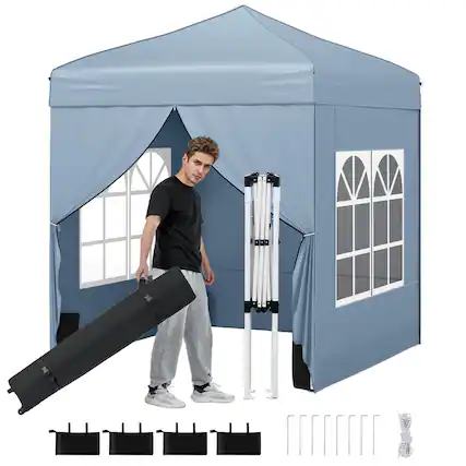 Front. Costway - Costway 6.5 x 6.5 FT Pop up Canopy Tent with 4 Sidewalls, Wheeled Bag, 4 Sandbags, 8 Stakes - Gray.