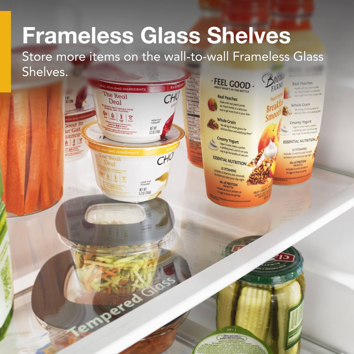 Frameless Glass Shelves  
Store more items on the wall-to-wall Frameless Glass Shelves.

Frameless Glass Shelves  
Store more items on the wall-to-wall Frameless Glass Shelves.

Tempered Glass