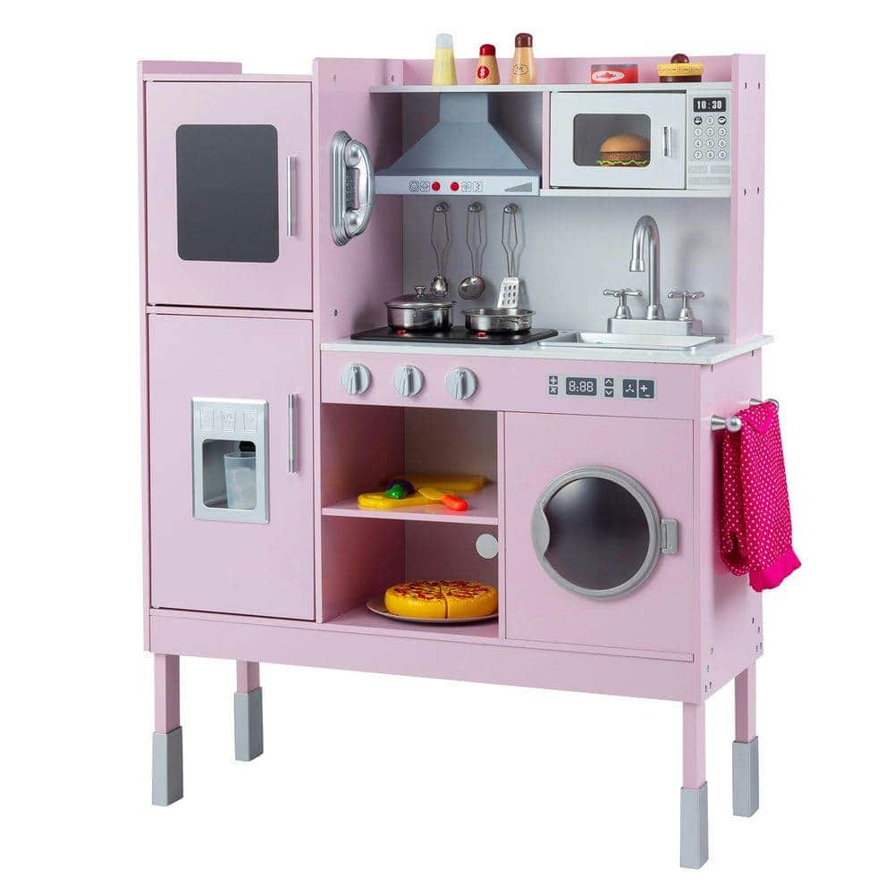 Resenkos - Pretend Play Kitchen with Range Hood, Ice Maker & Phone - Kids Playset - Pink