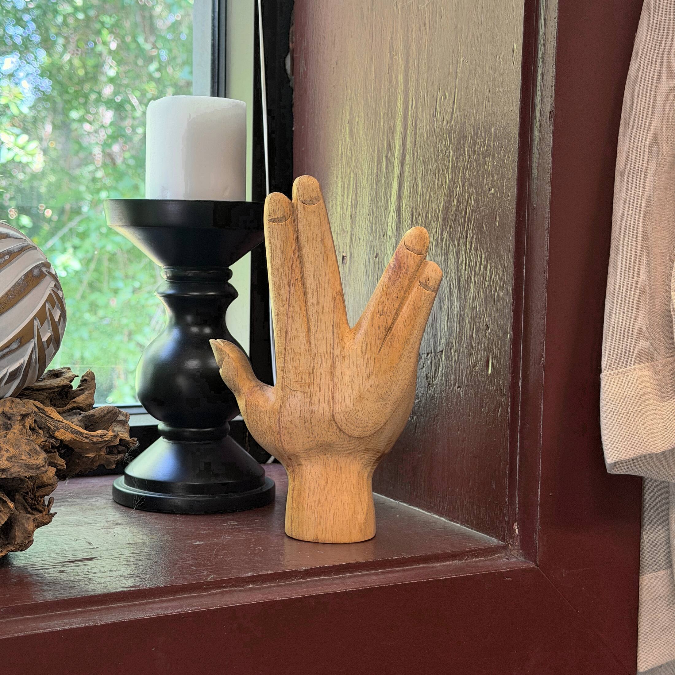 Alt View 6. Zeckos - Split-Finger Hand Sculpture Carved Natural Albesia Wood 7.75 Inch Tabletop - Natural.