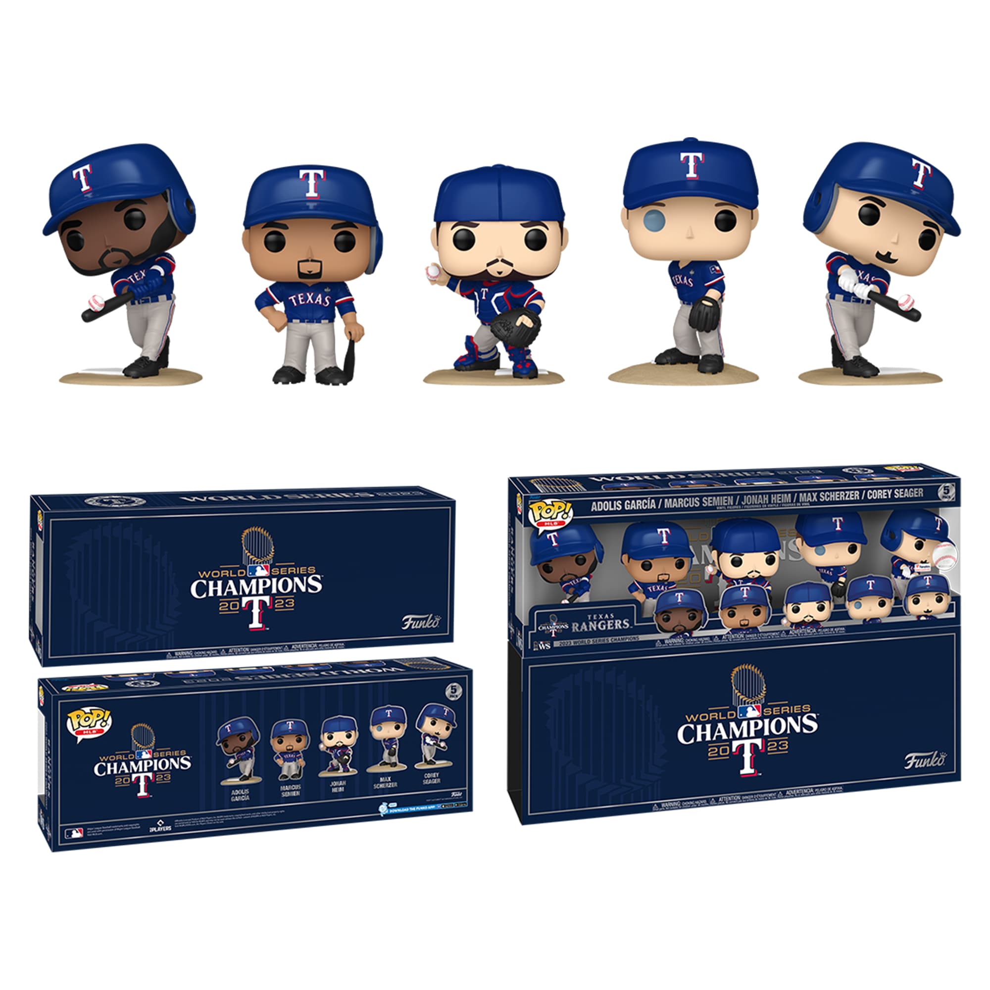 The text on the image is:

"TEXAS RANGERS
WORLD SERIES CHAMPIONS 2023
Funko POP! SERIES WORLD CHAMPIONS 2023
Corey Seager
Adolis Garcia
Marcus Semien
Jonah Heim
Max Scherzer"