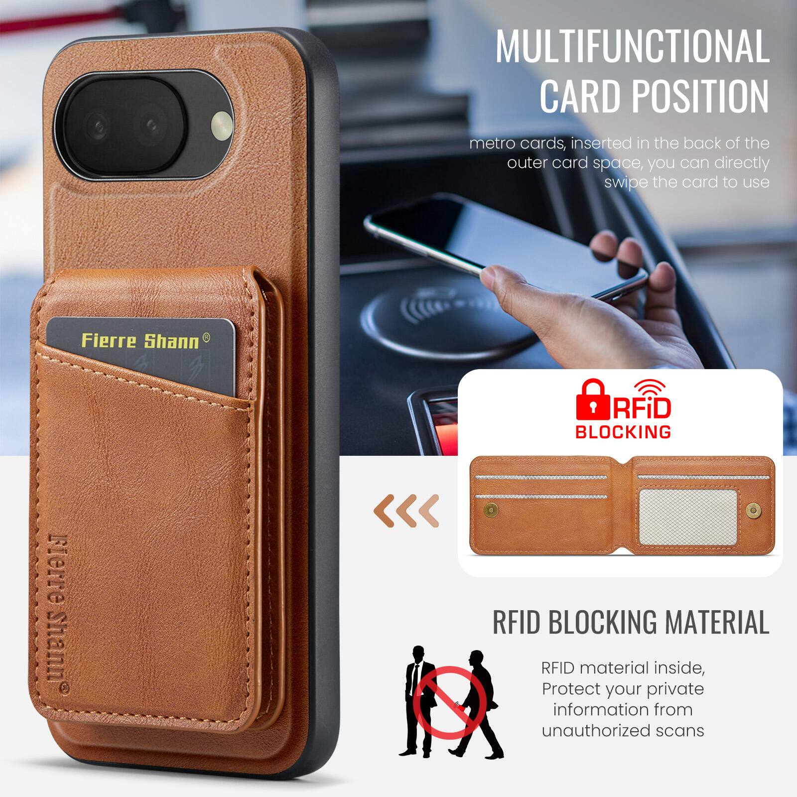 MULTIFUNCTIONAL CARD POSITION

Metro cards, inserted in the back of the outer card space, you can directly swipe the card to use.

Fierre Shann

RFID BLOCKING

RFID BLOCKING MATERIAL

RFID material inside, Protect your private information from unauthorized scans.
