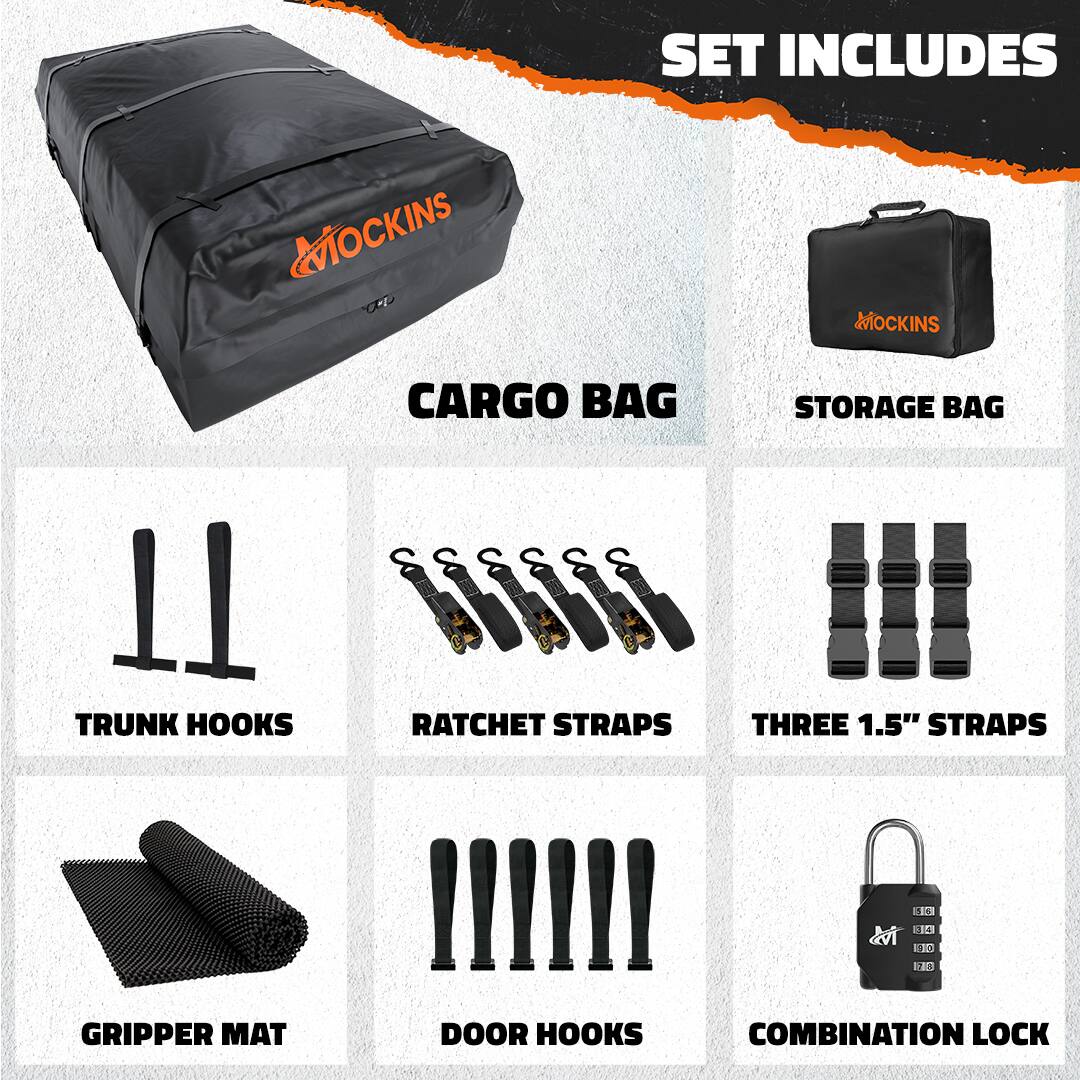 SET INCLUDES  
CARGO BAG  
STORAGE BAG  
TRUNK HOOKS  
RATCHET STRAPS  
THREE 1.5" STRAPS  
GRIPPER MAT  
DOOR HOOKS  
COMBINATION LOCK