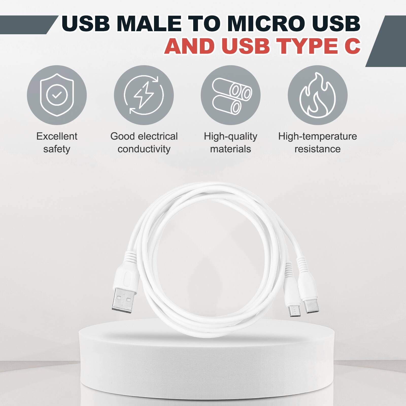 USB MALE TO MICRO USB AND USB TYPE C

Excellent safety
Good electrical conductivity
High-quality materials
High-temperature resistance