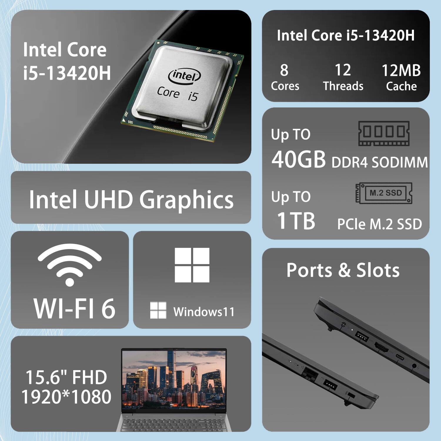 Intel Core i5-13420H  
8 Cores  
12 Threads  
12MB Cache  

Intel UHD Graphics  

Up to 40GB DDR4 SODIMM  
Up to 1TB PCIe M.2 SSD  

Wi-Fi 6  
Windows 11  

15.6" FHD 1920*1080  

Ports & Slots