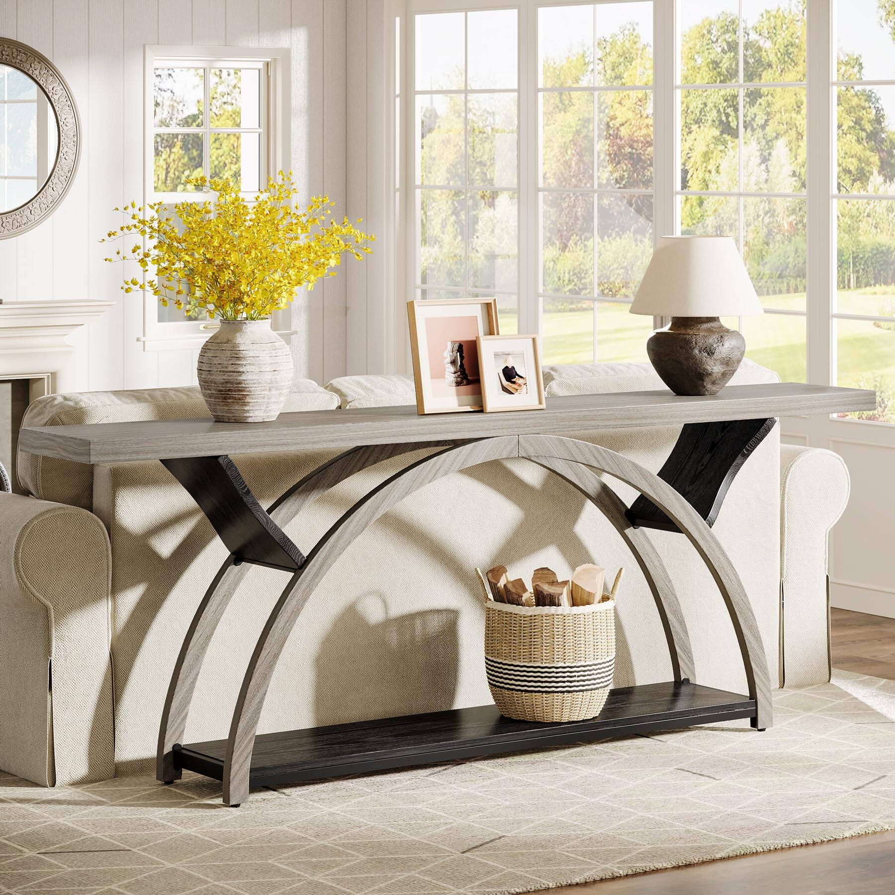 Left. Tribesigns - 70.87" Console Table, Industrial Sofa Table Behind Couch with 2 Tiers of Storage Shelves for Living Room, Hallway, Entra - Gray & Black.