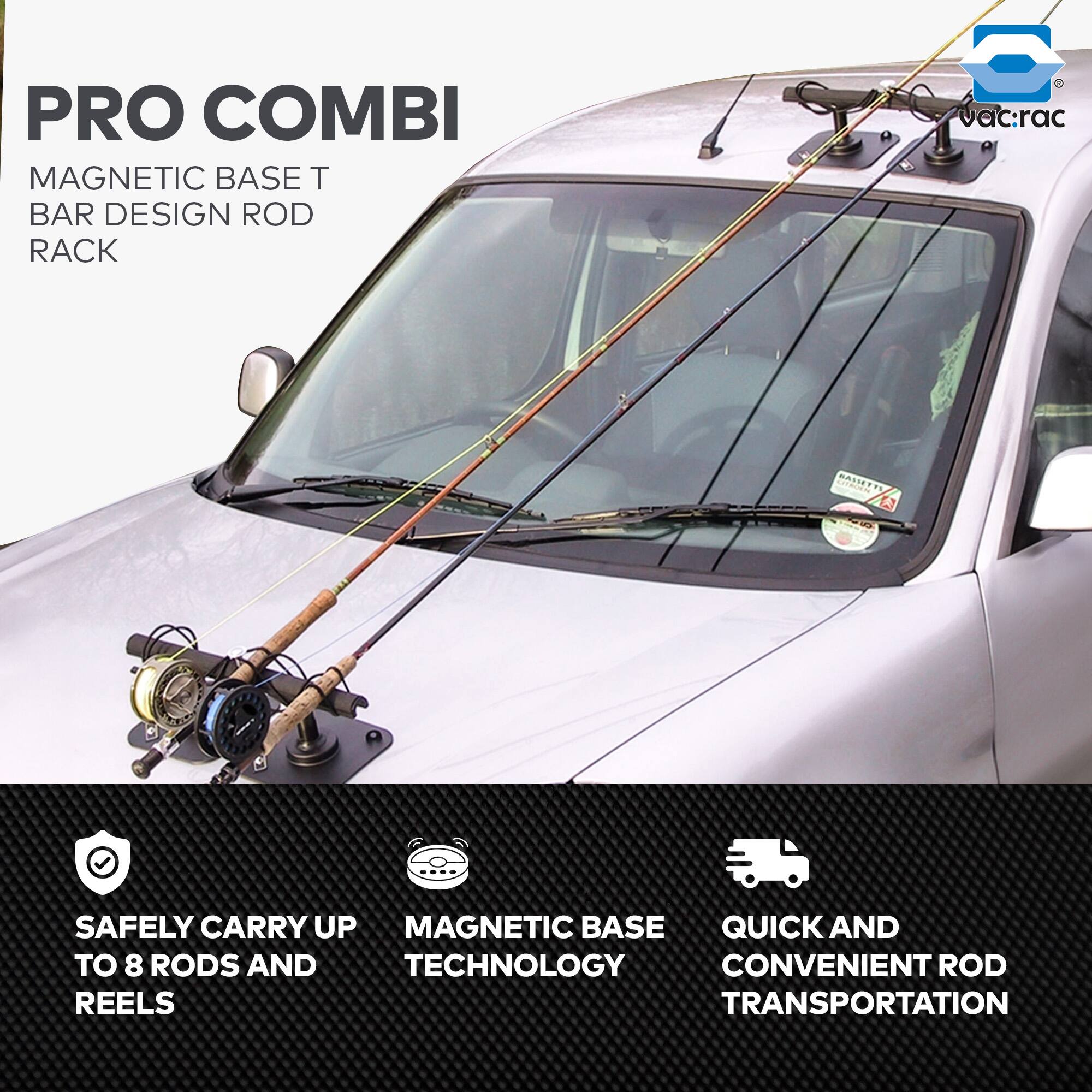 PRO COMBI  
MAGNETIC BASE T BAR DESIGN ROD RACK  

- SAFELY CARRY UP TO 8 RODS AND REELS  
- MAGNETIC BASE TECHNOLOGY  
- QUICK AND CONVENIENT ROD TRANSPORTATION