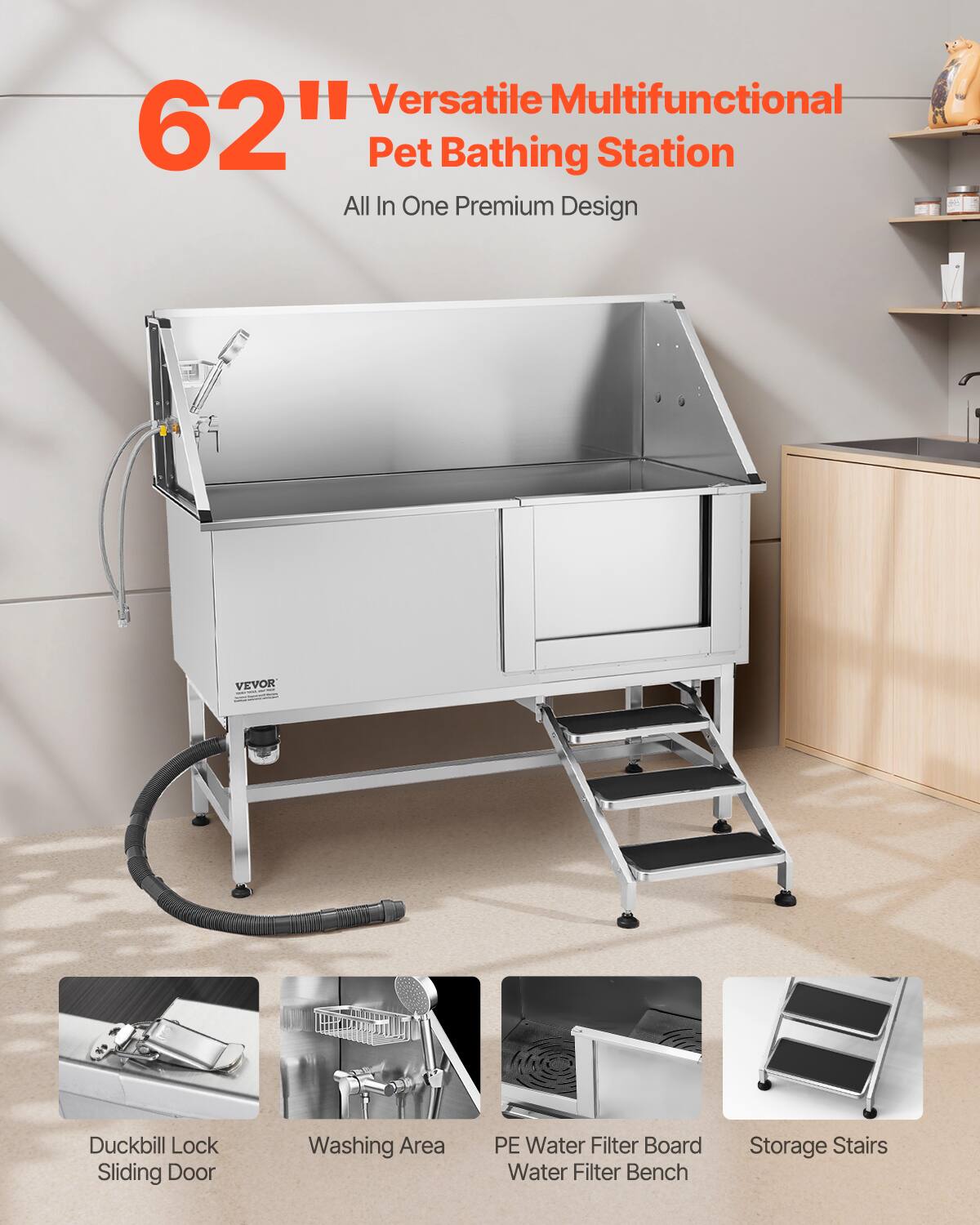 62" Versatile Multifunctional Pet Bathing Station  
All In One Premium Design  

- Duckbill Lock Sliding Door  
- Washing Area  
- PE Water Filter Board  
- Water Filter Bench  
- Storage Stairs