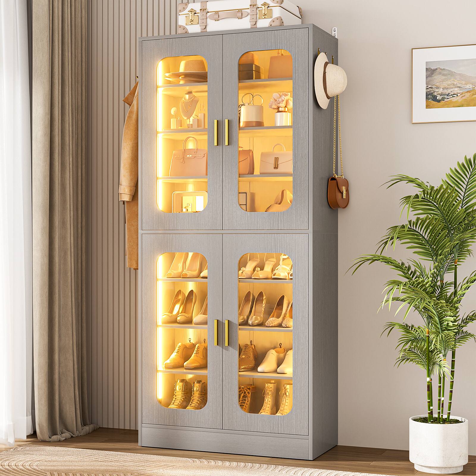 Left. Aheaplus - 8-Tier LED-Lit Cabinet with Adjustable Shelves & 67" Tall Hooks,Space-Saving Organizer for Living Room/Entryway - Gray.