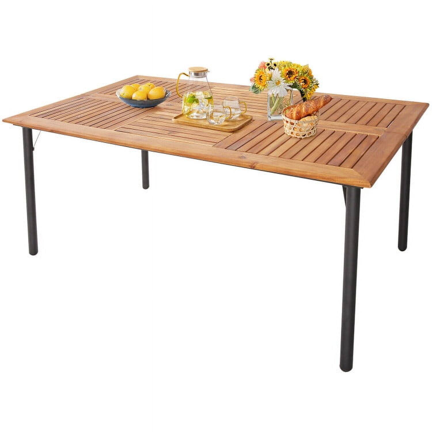 Back. Kadyn - Patio Acacia Wood Dining Table with Umbrella Hole and Metal Legs, Slatted Outdoor Coffee Table for Outside Patio Storage - Brown.