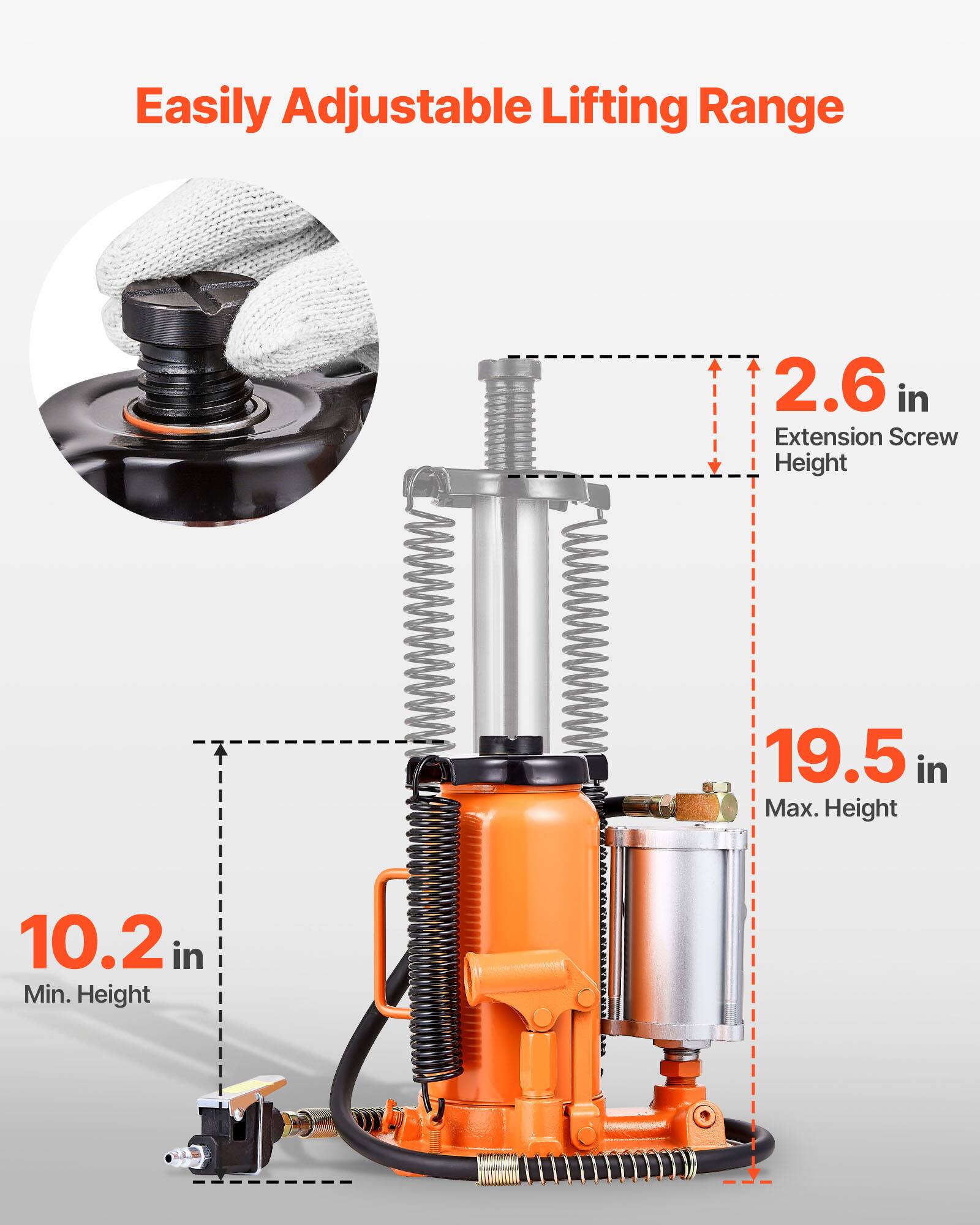 Easily Adjustable Lifting Range  
2.6 in Extension Screw Height  
19.5 in Max. Height  
10.2 in Min. Height