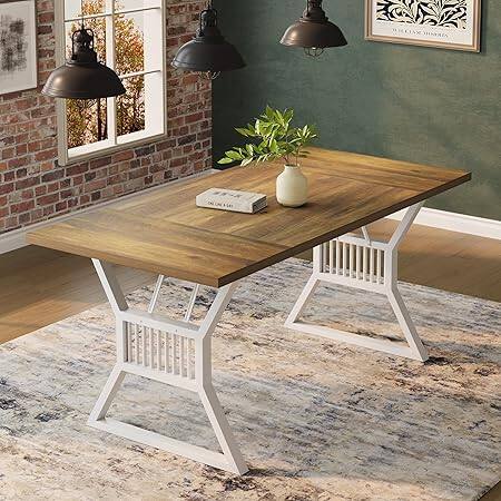 Alt View 2. GARVEE - Industrial Farmhouse Dining Table for 6-8, 70.8" Large Wooden Kitchen Table,Dining Room, Living Room, Home Office - Walnut+White Leg.