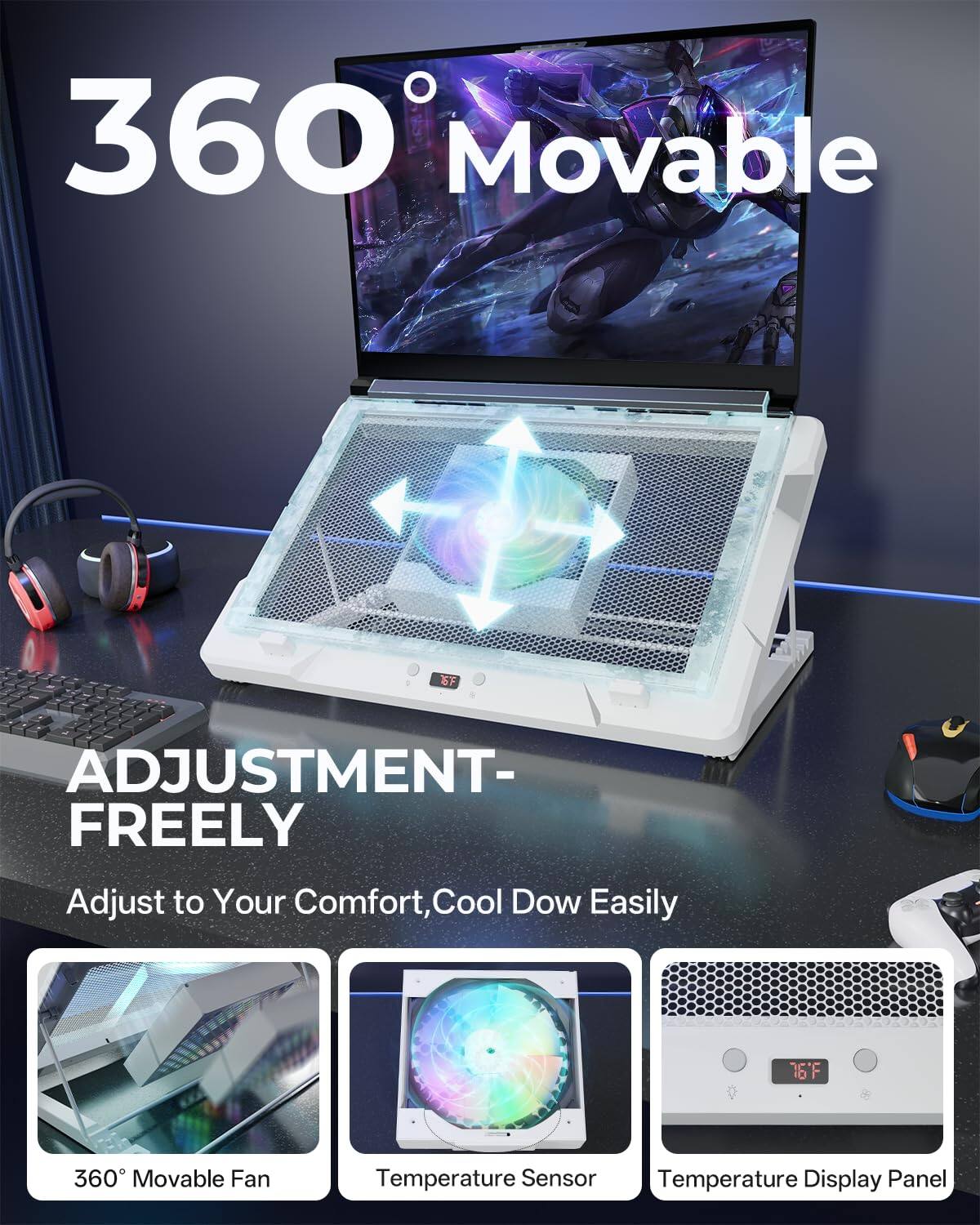 360° Movable  
ADJUSTMENT- FREELY  
Adjust to Your Comfort, Cool Down Easily  

360° Movable Fan  
Temperature Sensor  
Temperature Display Panel