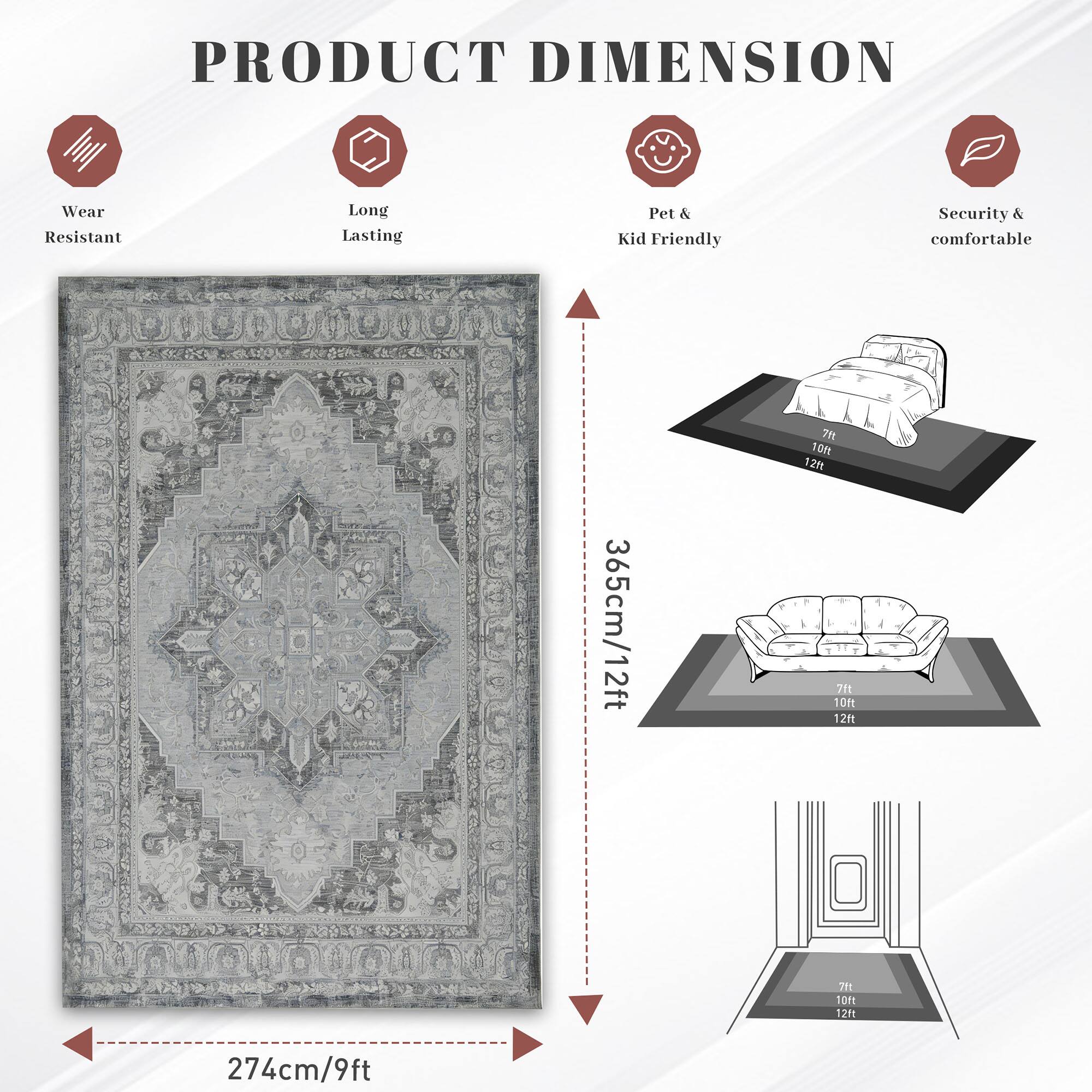 PRODUCT DIMENSION

- Wear Resistant
- Long Lasting
- Pet & Kid Friendly
- Security & Comfortable

365cm/12ft

7ft 10ft 12ft

274cm/9ft