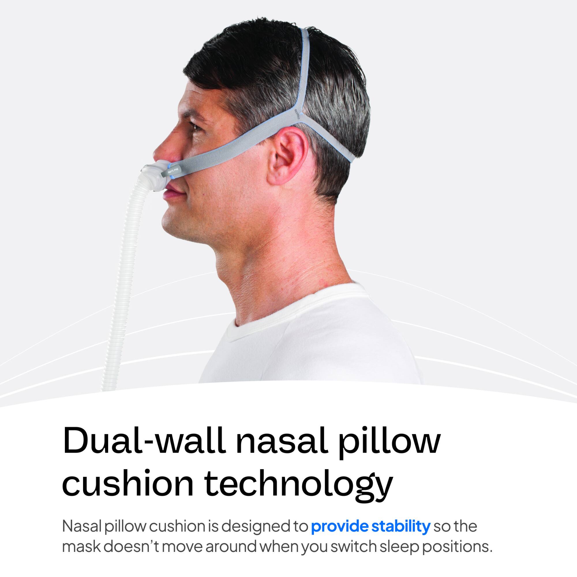 Dual-wall nasal pillow cushion technology  
Nasal pillow cushion is designed to provide stability so the mask doesn't move around when you switch sleep positions.