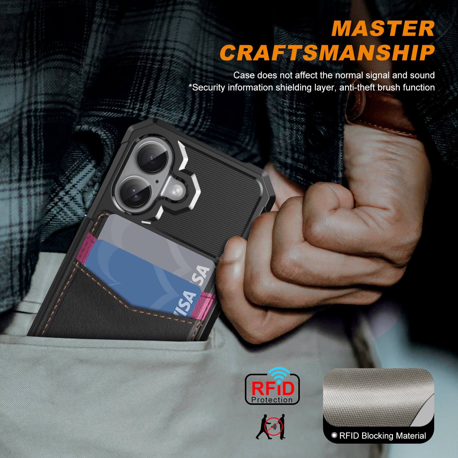 MASTER CRAFTSMANSHIP  
Case does not affect the normal signal and sound  
*Security information shielding layer, anti-theft brush function  

SA ISA RFID Protection  
RFID Blocking Material