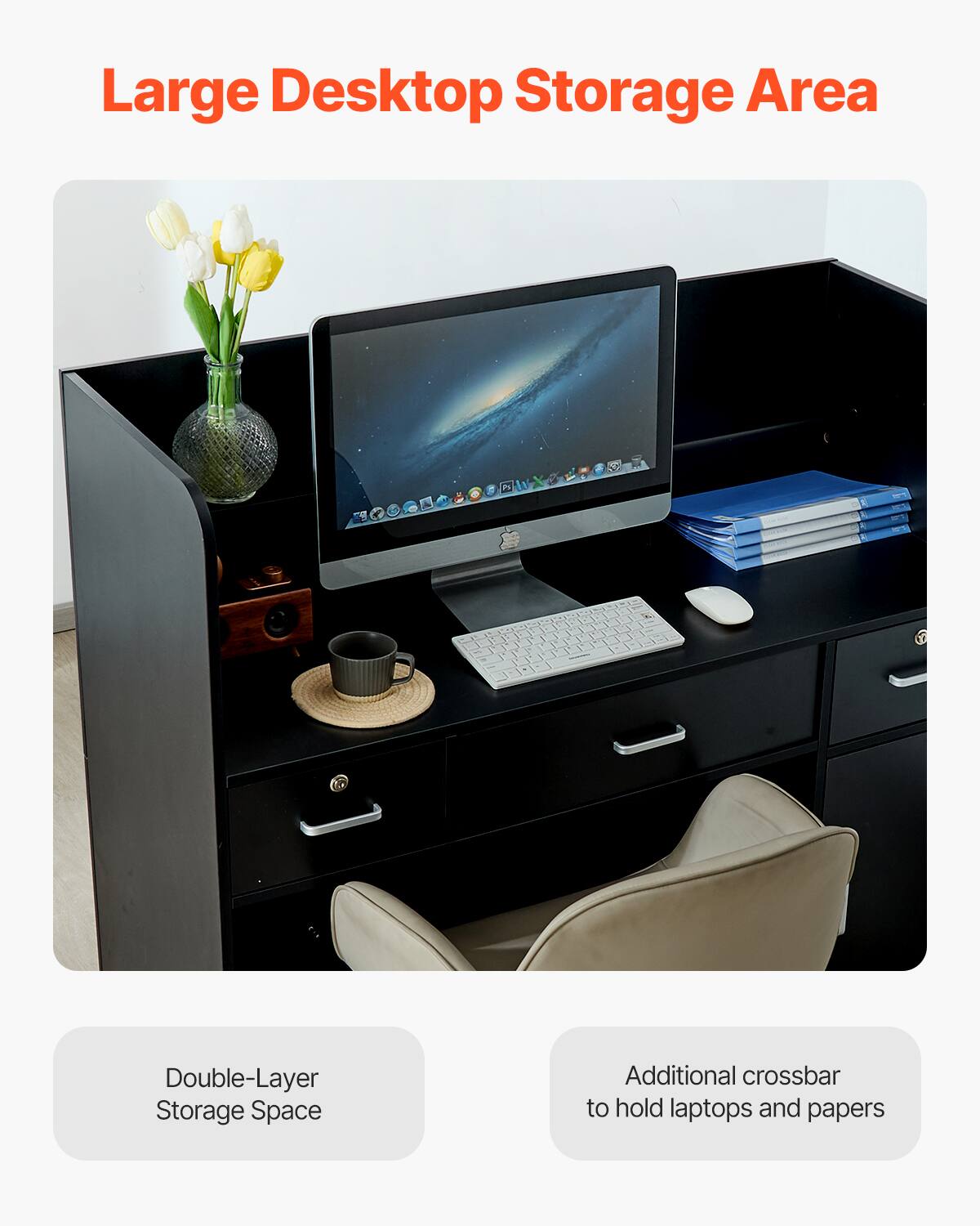 Large Desktop Storage Area

Double-Layer Storage Space

Additional crossbar to hold laptops and papers