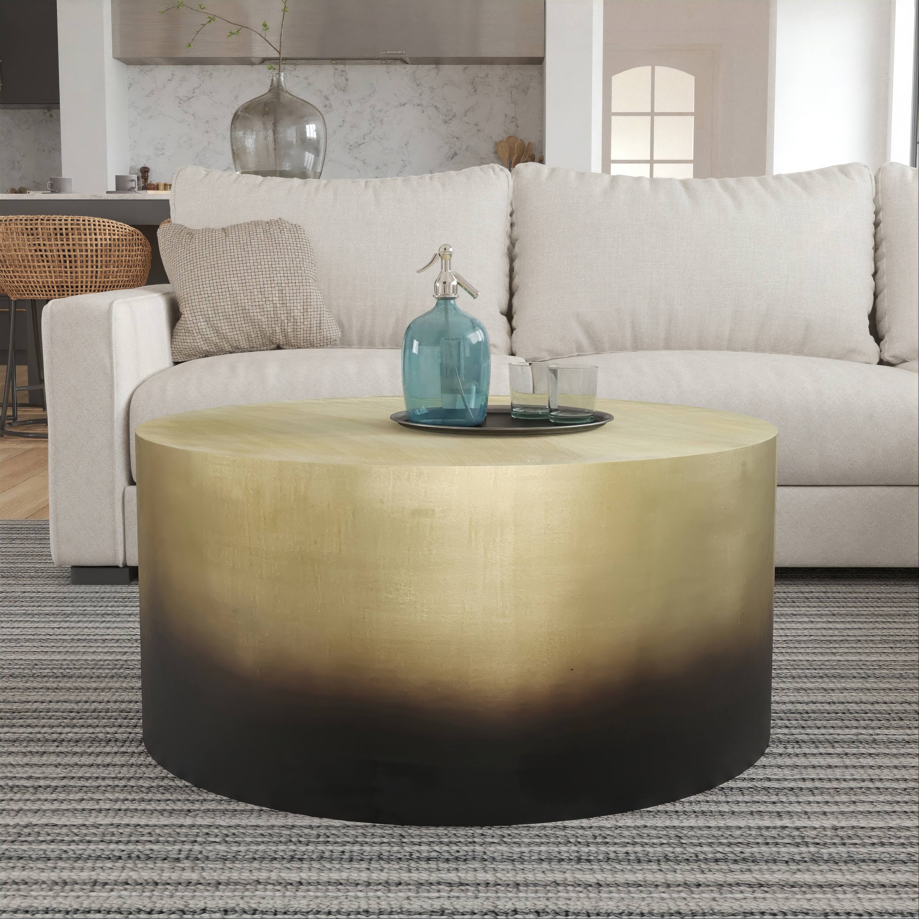 Alt View 10. Manhattan Lane - Dyan Coffee Table, 34.5 Inch Round Drum Shape - Antique Brass, Black.