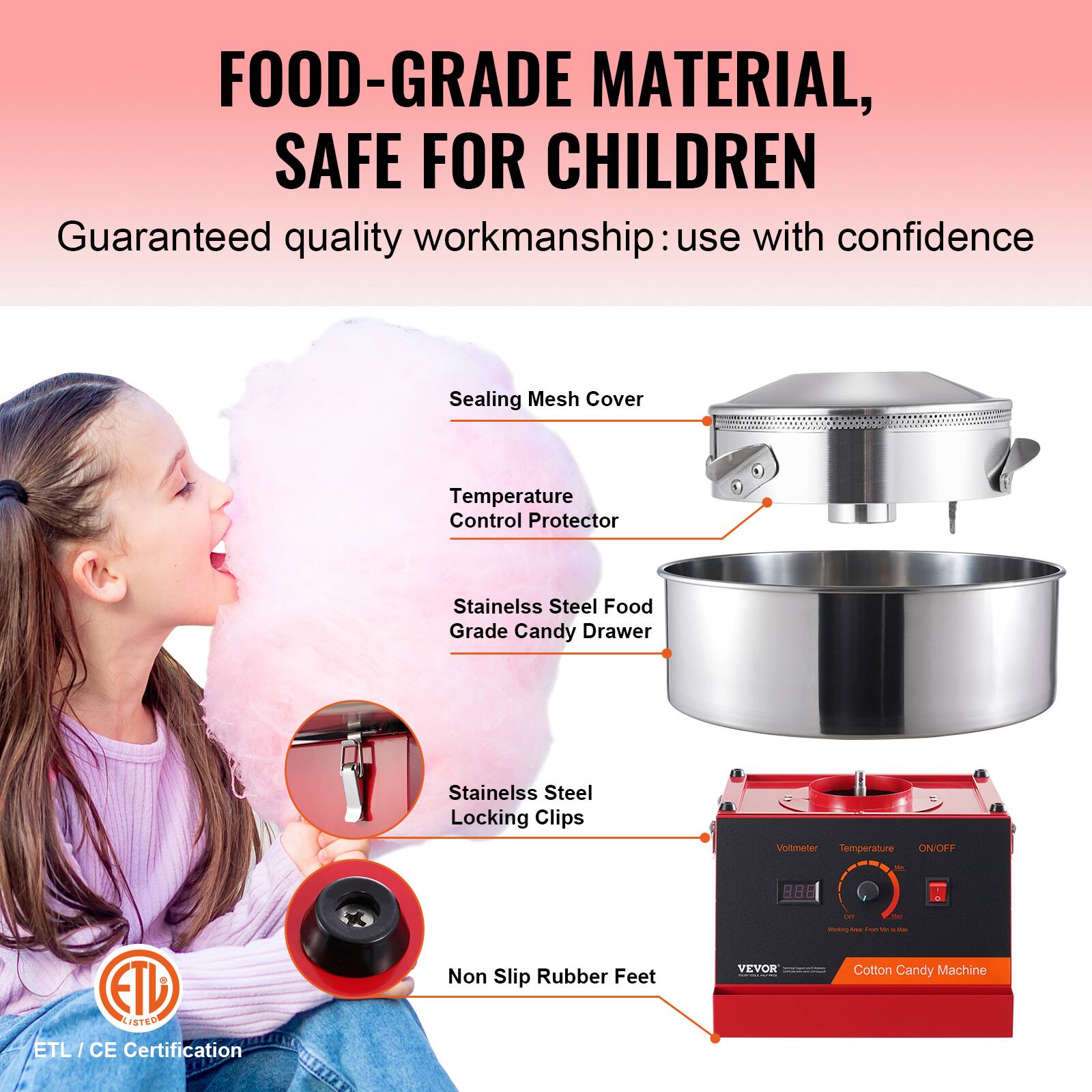 FOOD-GRADE MATERIAL, SAFE FOR CHILDREN

Guaranteed quality workmanship: use with confidence

Sealing Mesh Cover
Temperature Control Protector
Stainless Steel Food Grade Candy Drawer
Stainless Steel Locking Clips
Voltmeter Temperature ON/OFF
Non Slip Rubber Feet

ETL LISTED
ETL/ CE Certification

VEVOR

Cotton Candy Machine
