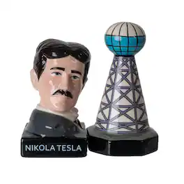Pacific Trading - Nikola Tesla Inspired Ceramic Salt and Pepper Shaker Set Tesla and Tower - Multicolor