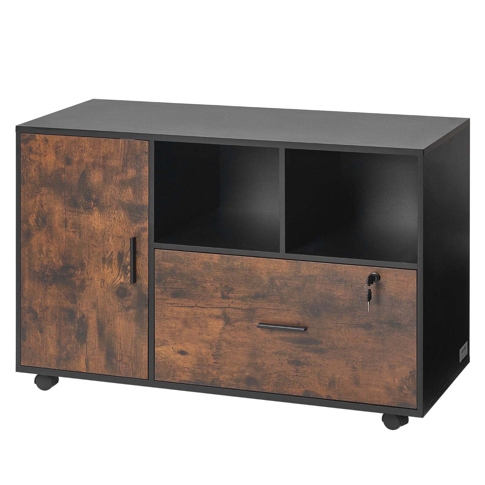Alt View 5. VEVOR - Wood File Cabinet, Mobile Filing Cabinet with Open Shelves, Lockable Lateral Rolling File Storage - Brown;Black.