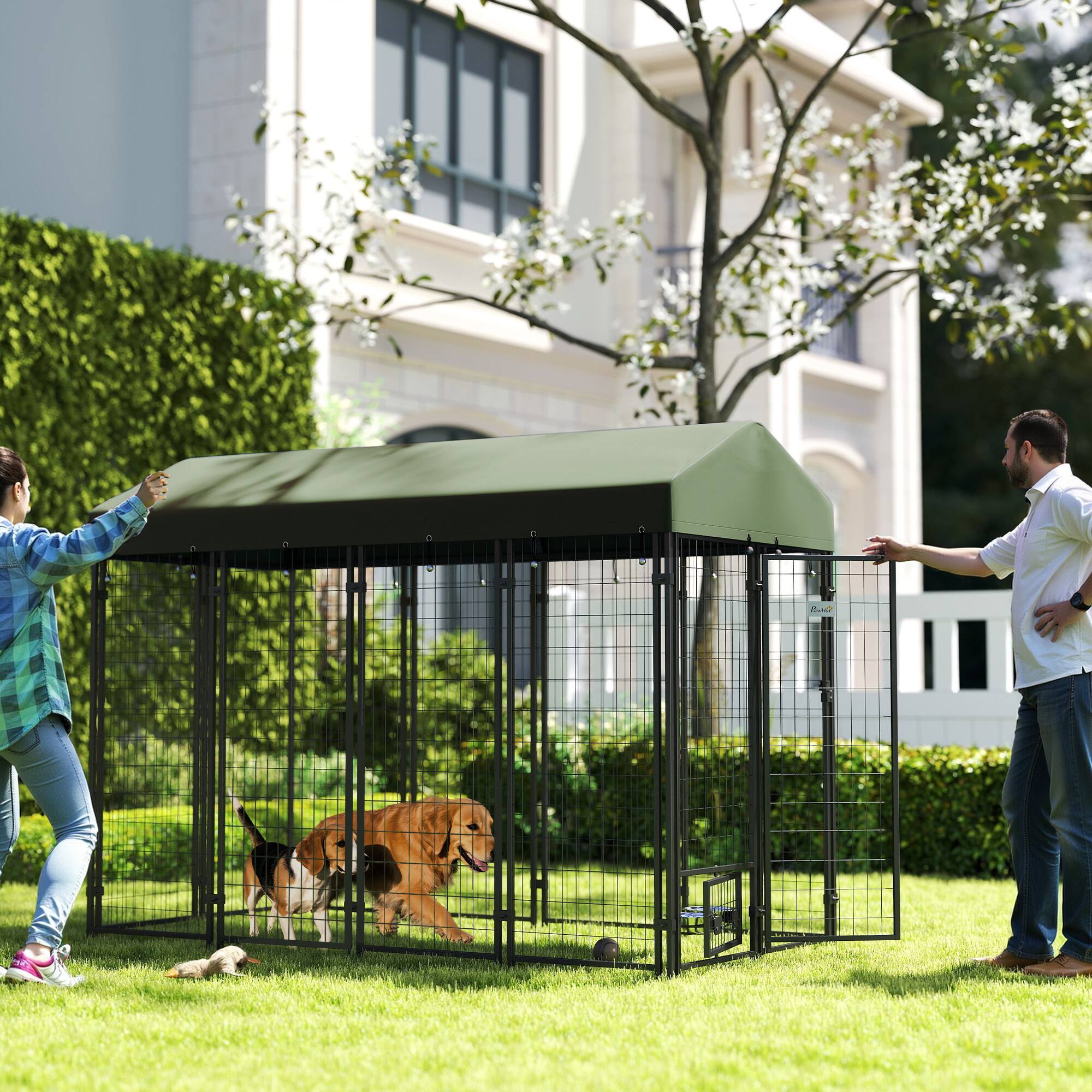Alt View 1. Pawhut - Dog Kennel with Rotating Bowl Holders, Pet Playpen with Waterproof Cover - Green.