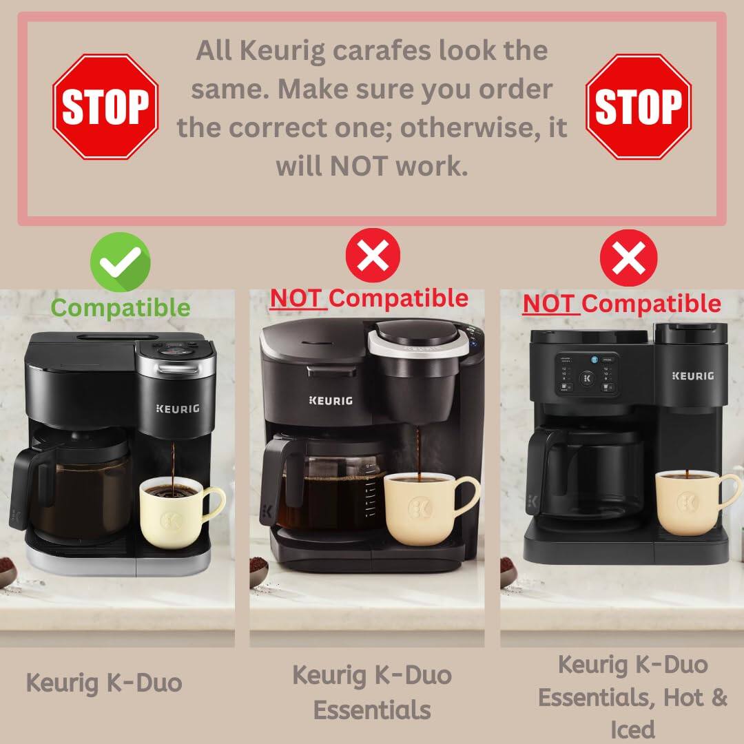All Keurig carafes look the same. Make sure you order the correct one; otherwise, it will NOT work.

Compatible:
- Keurig K-Duo

NOT Compatible:
- Keurig K-Duo Essentials
- Keurig K-Duo Essentials, Hot & Iced