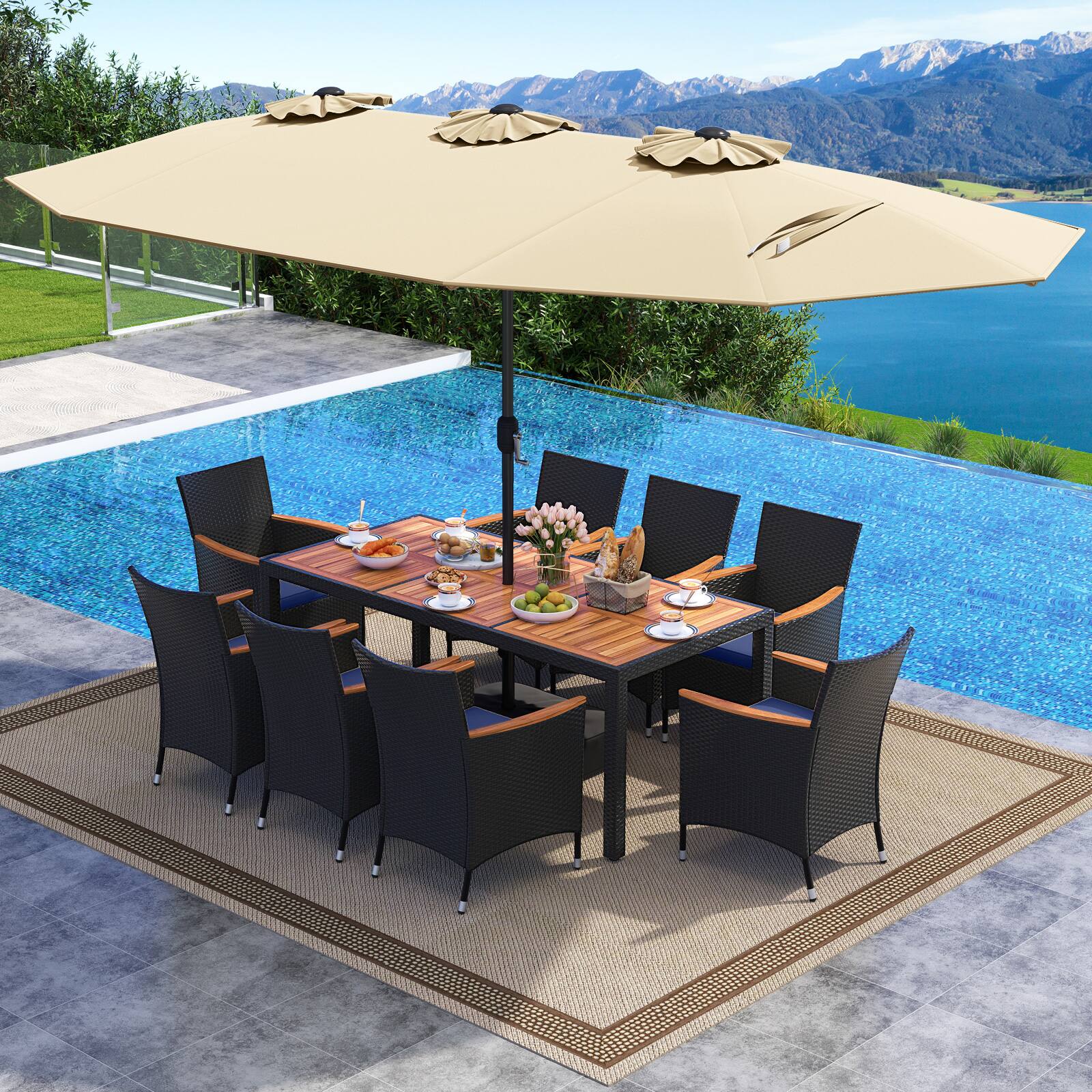Alt View 3. Costway - Costway 11 PCS Patio Wicker Dining Set with Double-Sided Outdoor Umbrella 8 Stackable Chairs - Beige+Navy.