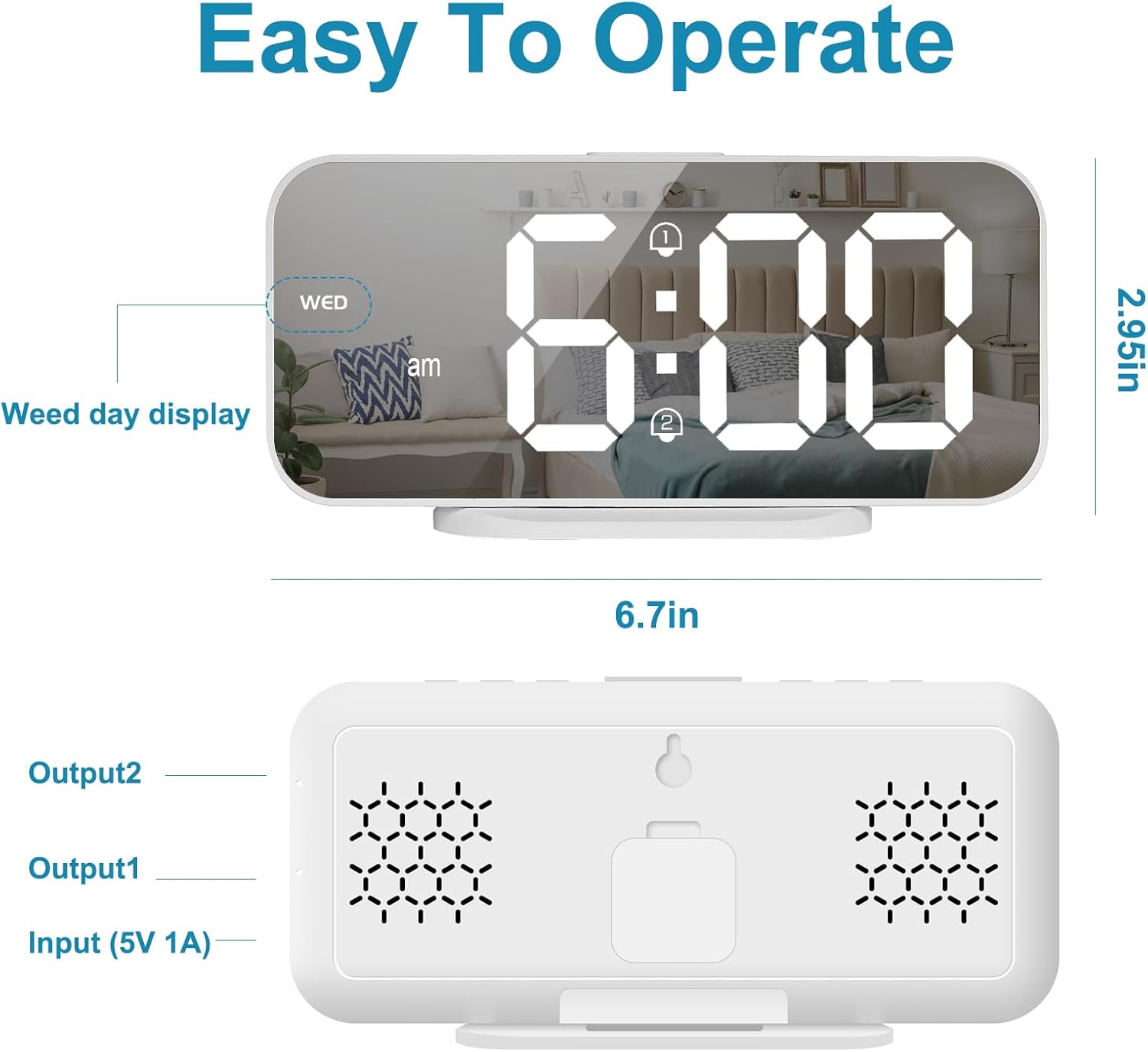 Easy To Operate

- Weed day display
- 6:00 am
- 2.95in
- 6.7in

Output1
Output2
Input (5V 1A)