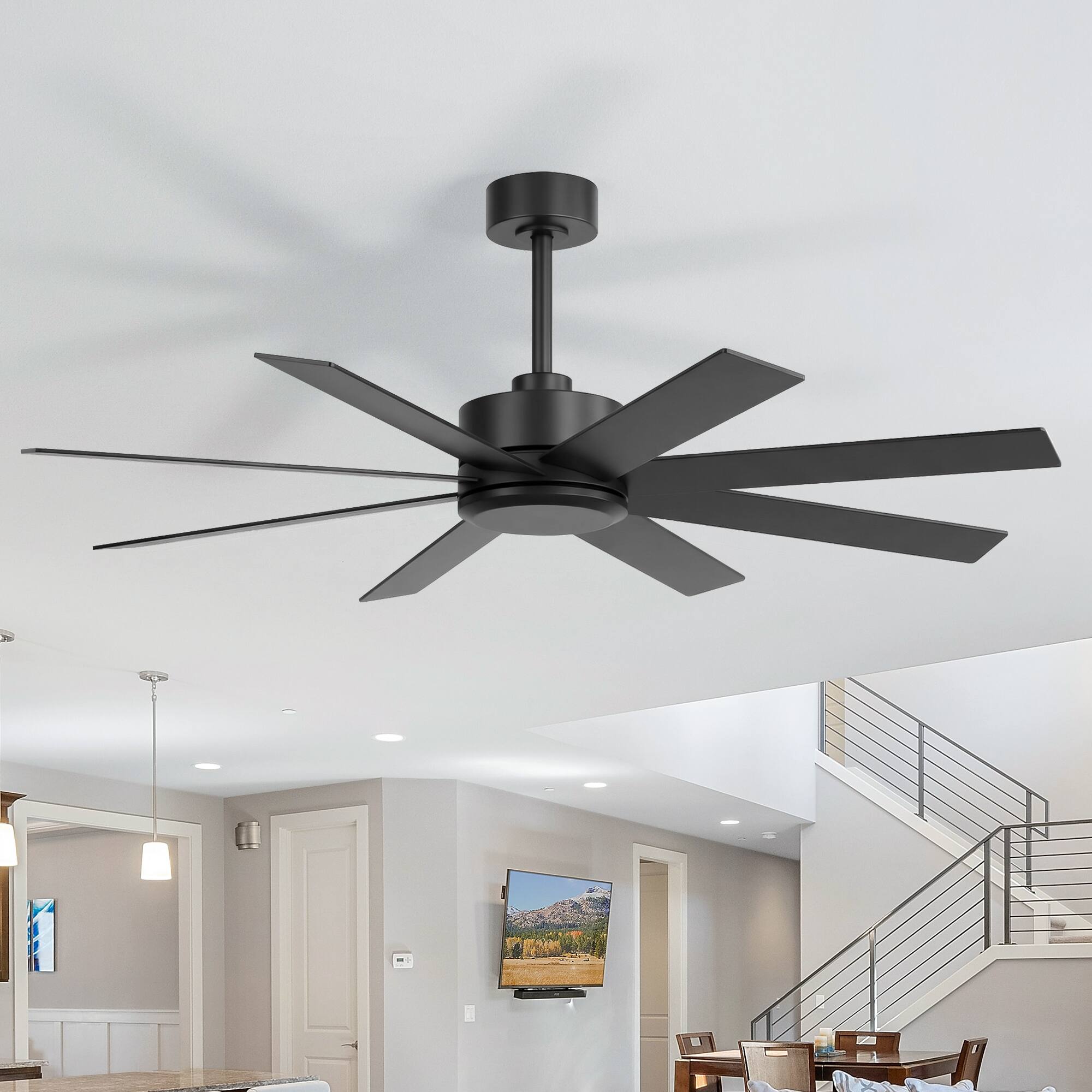 Angle. Breezary - 52-Inch Ceiling Fan without Light, 8 Blades, 6-Speed Remote Control, Downrod Mount, Ultra-Quiet Motor - Black and Walnut.