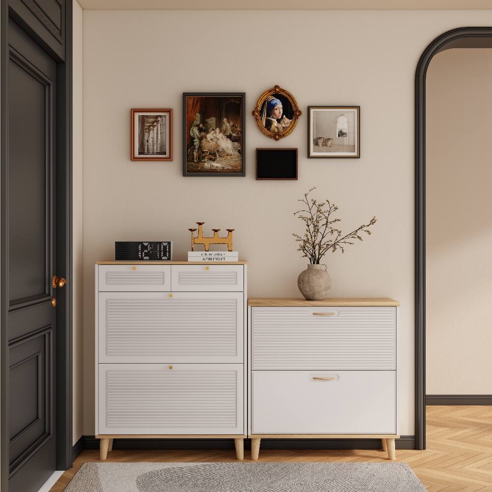 Alt View 10. Loheer - Loheer narrow shoe cabinet with flip doors, freestanding entryway shoe organizer with drawers, white natural MDF - White Natural.