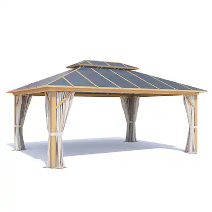 Front. U-HOMY - Waterproof Aluminum Hardtop Gazebo with Netting & Curtains for Patio and Garden, Dark Grey - 12' x 16'.