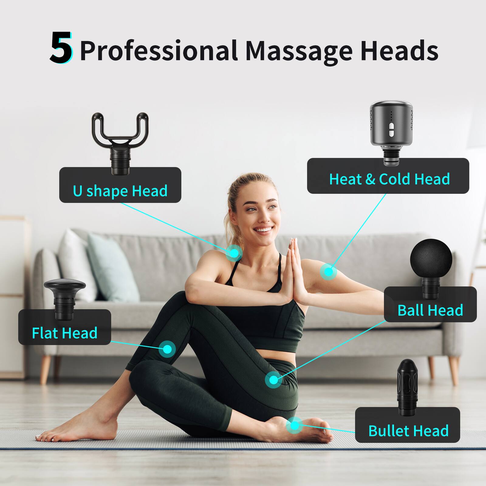 5 Professional Massage Heads

- U shape Head
- Heat & Cold Head
- Flat Head
- Ball Head
- Bullet Head