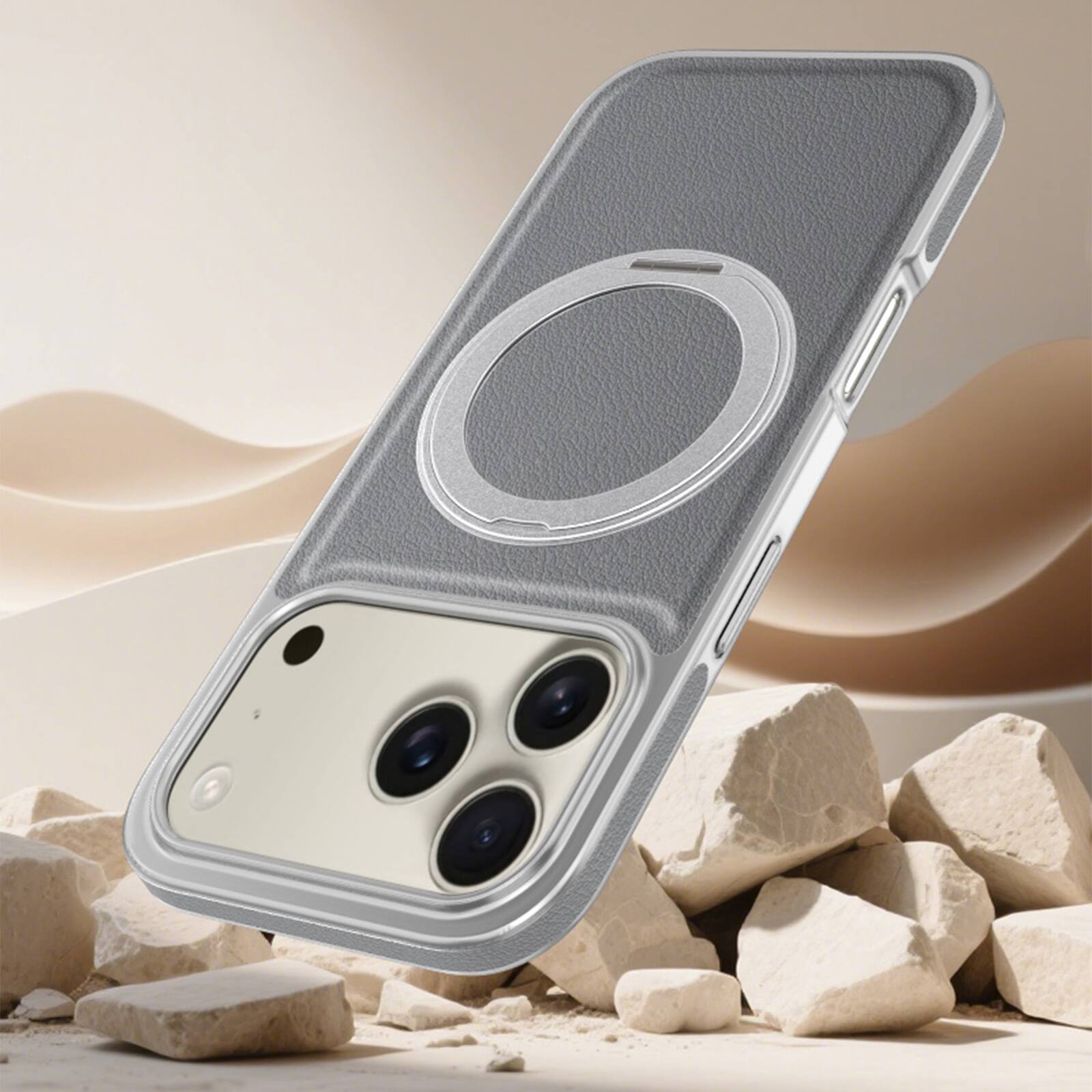 Left. Dteck - Magnetic Shockproof Case for Apple iPhone 17 Pro Max with 360 Rotating Ring Stand, PU Leather Hard PC Protective Cover - Blue.